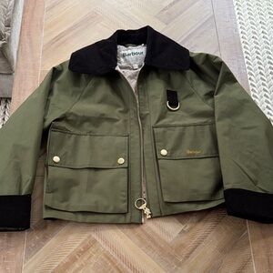 Barbour Nora Oversized-Collar Utility Jacket olive and brown
